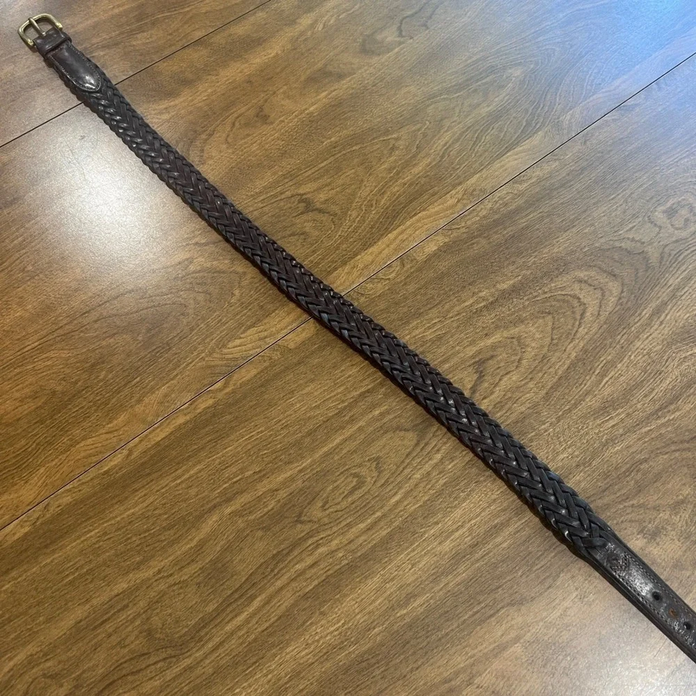 Vintage L.L. Bean Mens 28 Braided Leather Belt Dark Brown Brass Buckle